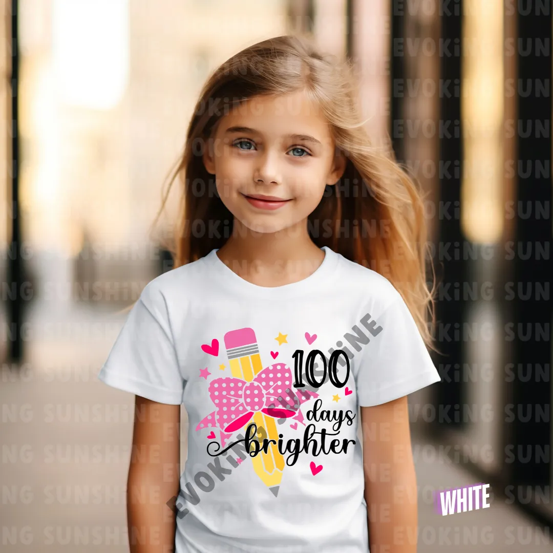 100 Days Brighter - Celebration School Shirt - Pencil and Bow - Kids Heavy Cotton Tee