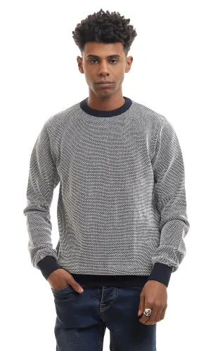 96262 Stitched Round Neck Slip On Pullover - Navy Blue & White