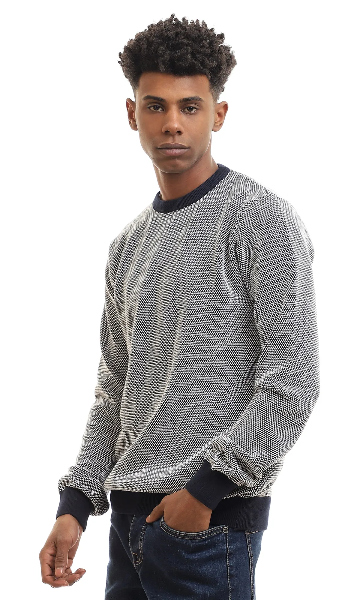 96262 Stitched Round Neck Slip On Pullover - Navy Blue & White