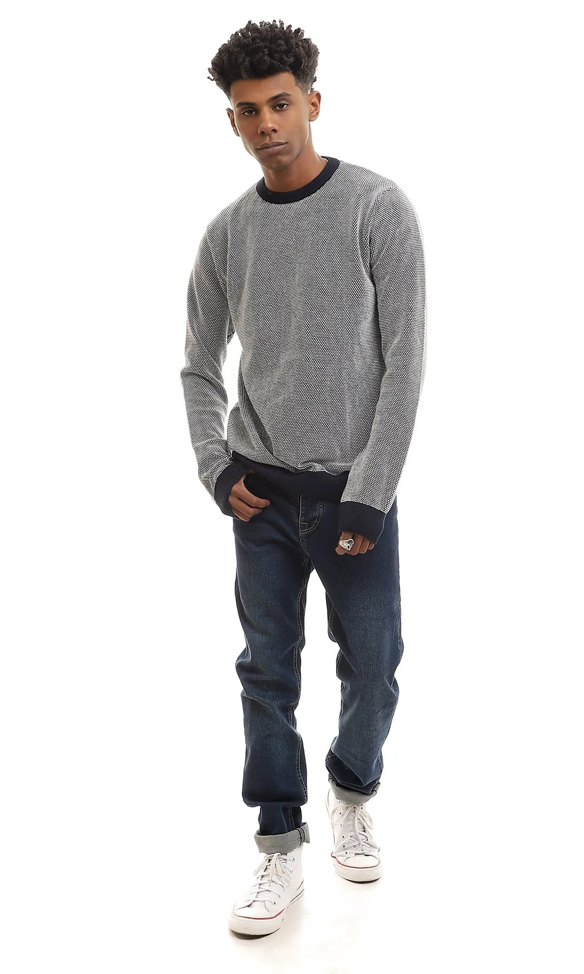 96262 Stitched Round Neck Slip On Pullover - Navy Blue & White
