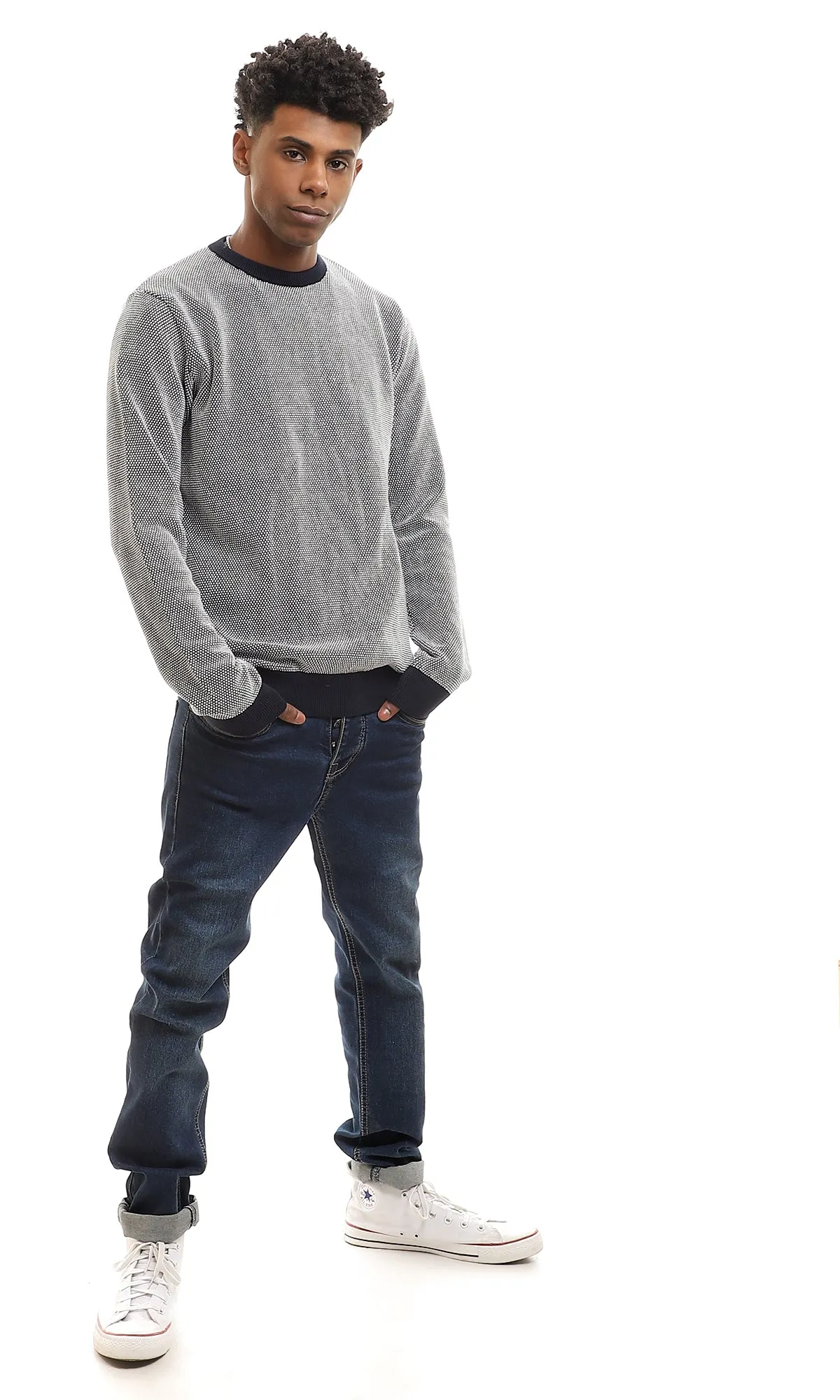 96262 Stitched Round Neck Slip On Pullover - Navy Blue & White