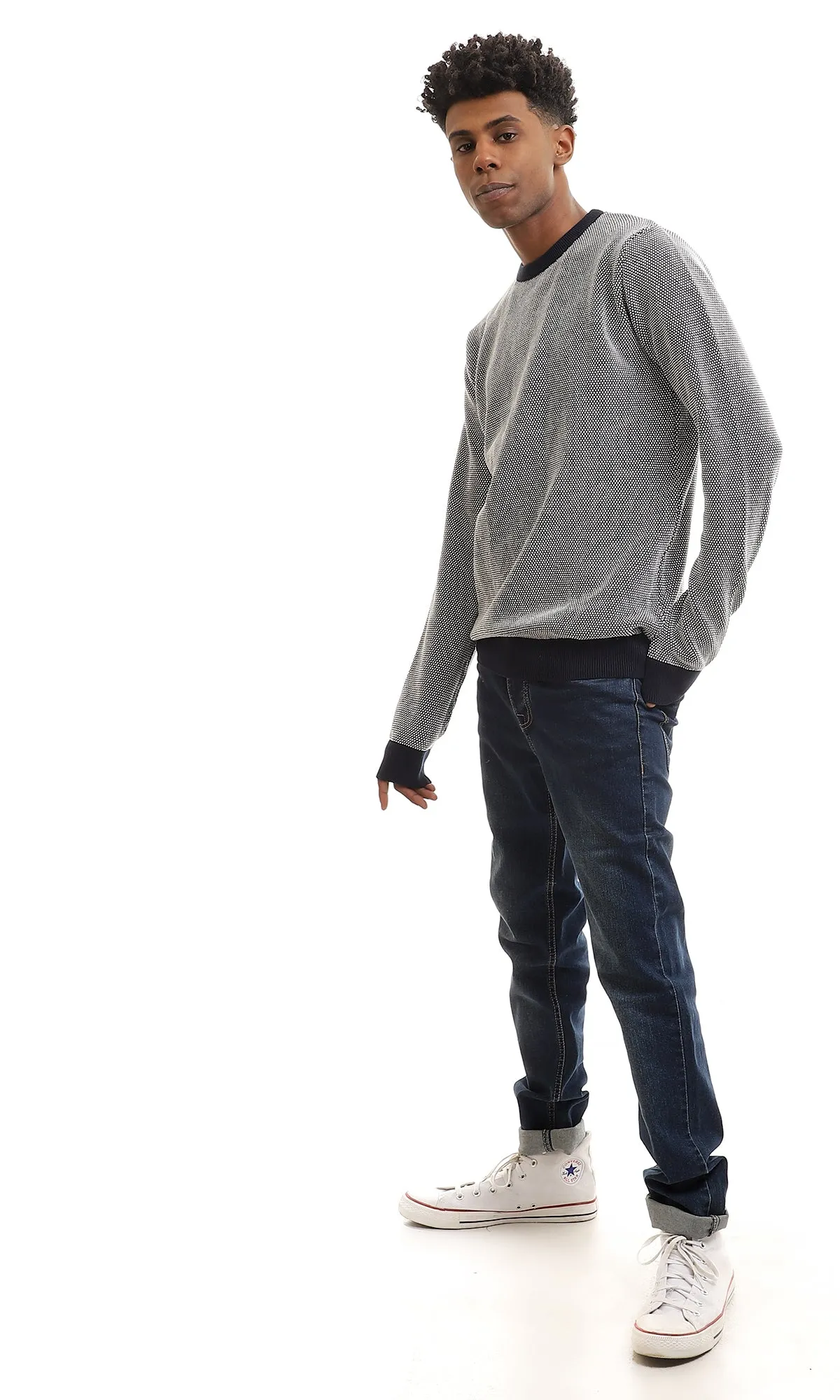 96262 Stitched Round Neck Slip On Pullover - Navy Blue & White
