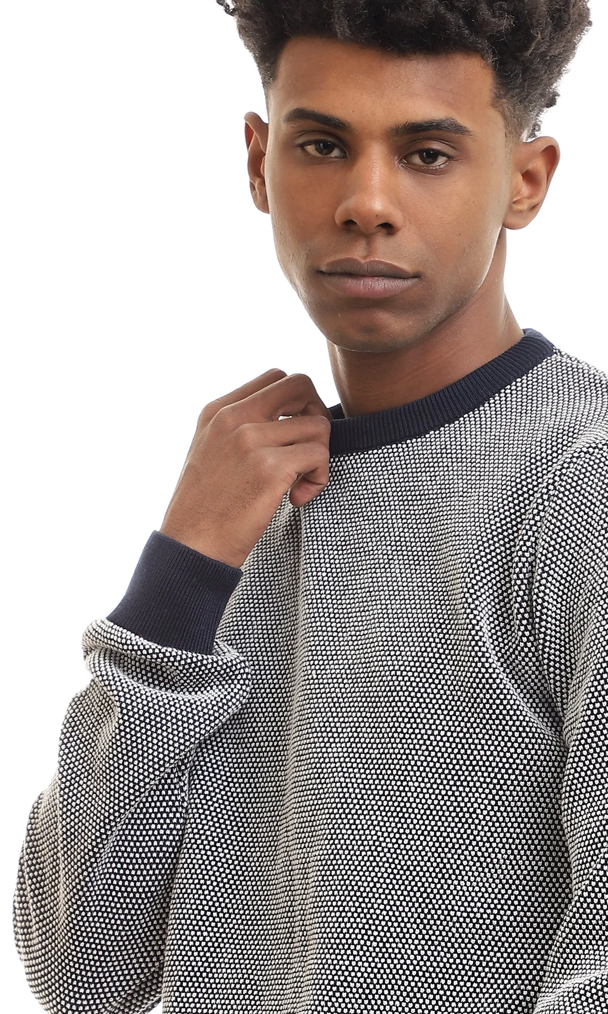 96262 Stitched Round Neck Slip On Pullover - Navy Blue & White