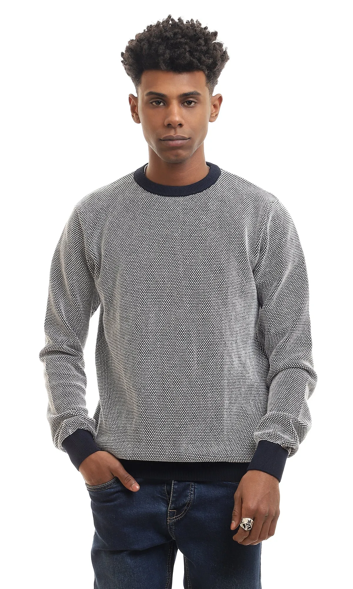 96262 Stitched Round Neck Slip On Pullover - Navy Blue & White