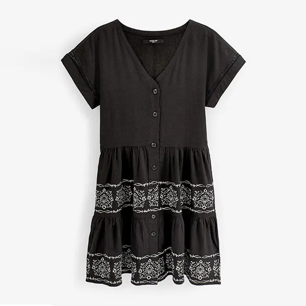 Black Embroidery Detail Linen Blend Tiered Mini Dress