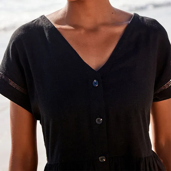 Black Embroidery Detail Linen Blend Tiered Mini Dress