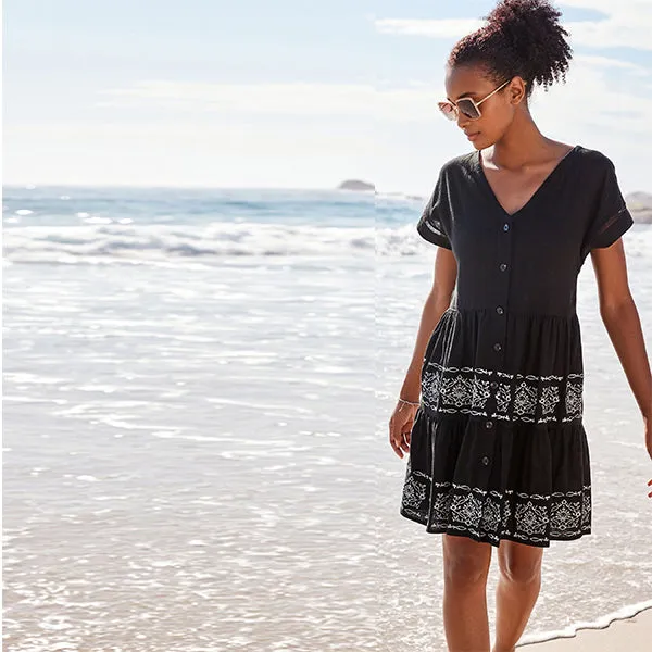 Black Embroidery Detail Linen Blend Tiered Mini Dress