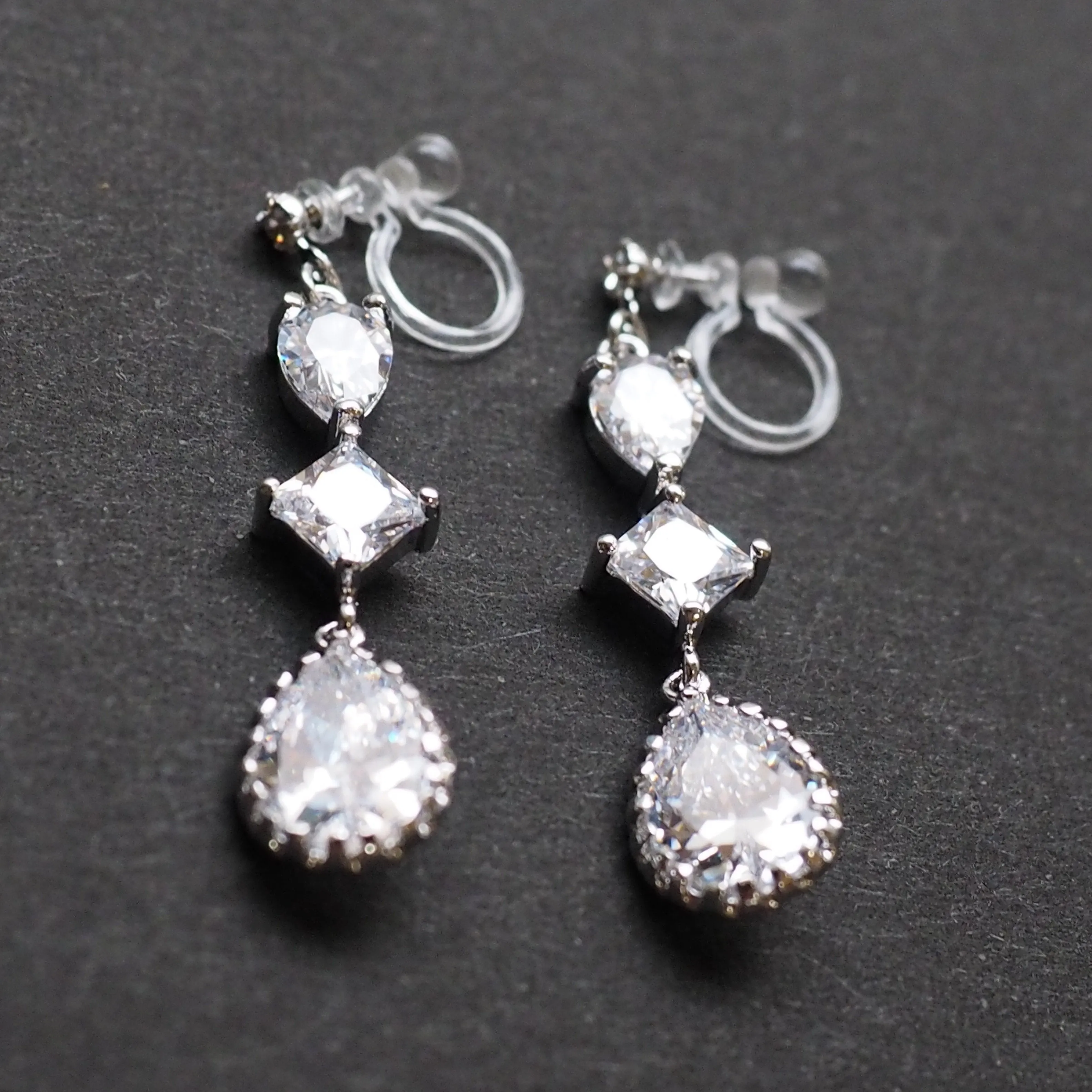 Bridal drop cubic zirconia invisible clip on earrrings ( Silver tone)