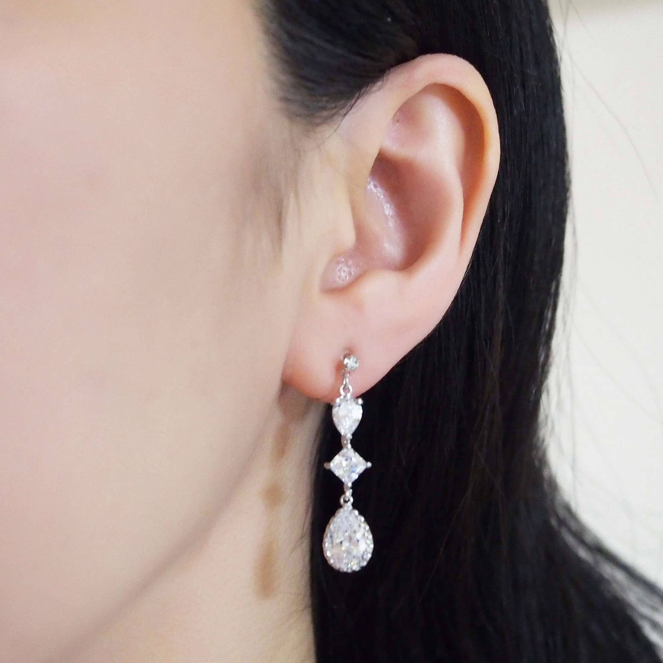 Bridal drop cubic zirconia invisible clip on earrrings ( Silver tone)