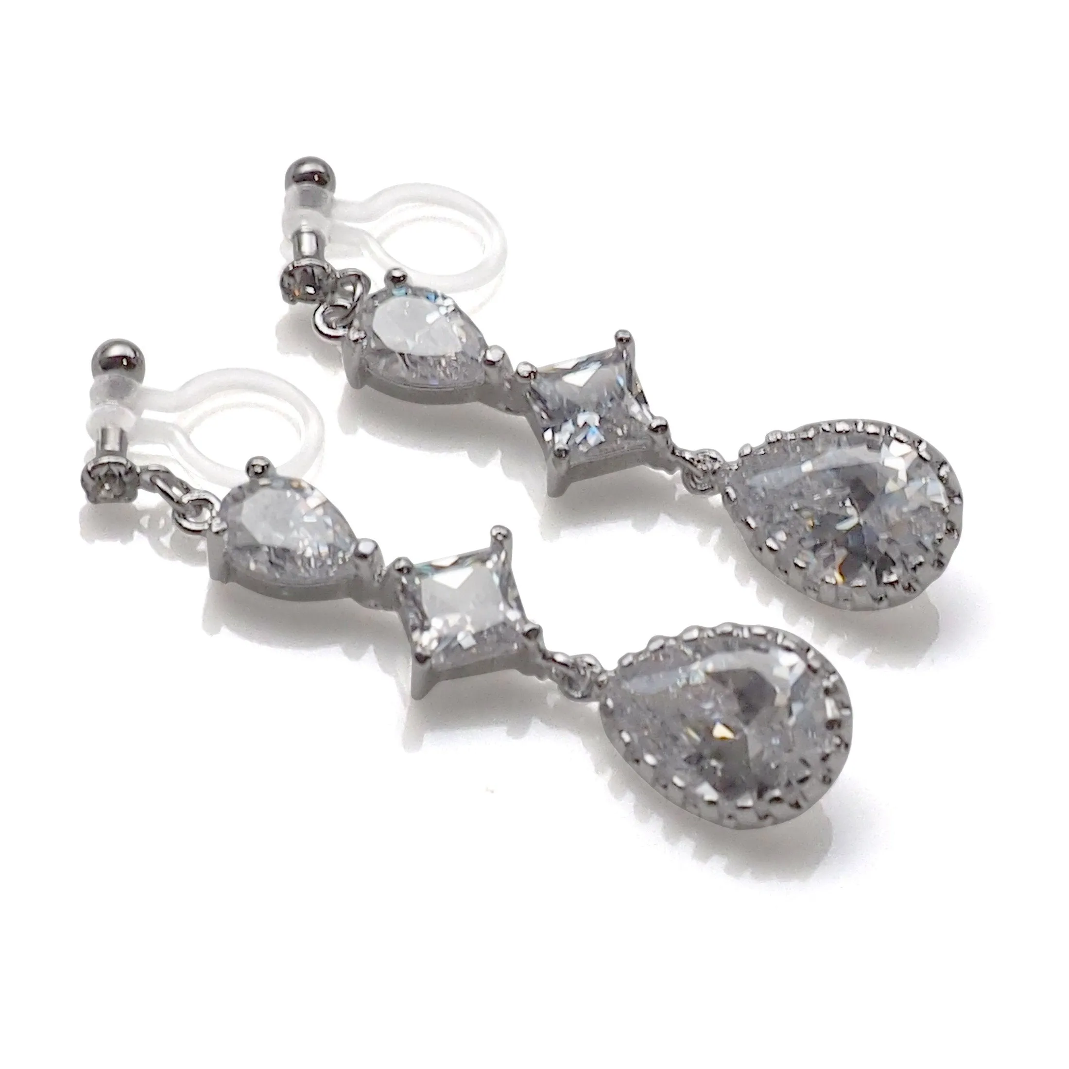 Bridal drop cubic zirconia invisible clip on earrrings ( Silver tone)
