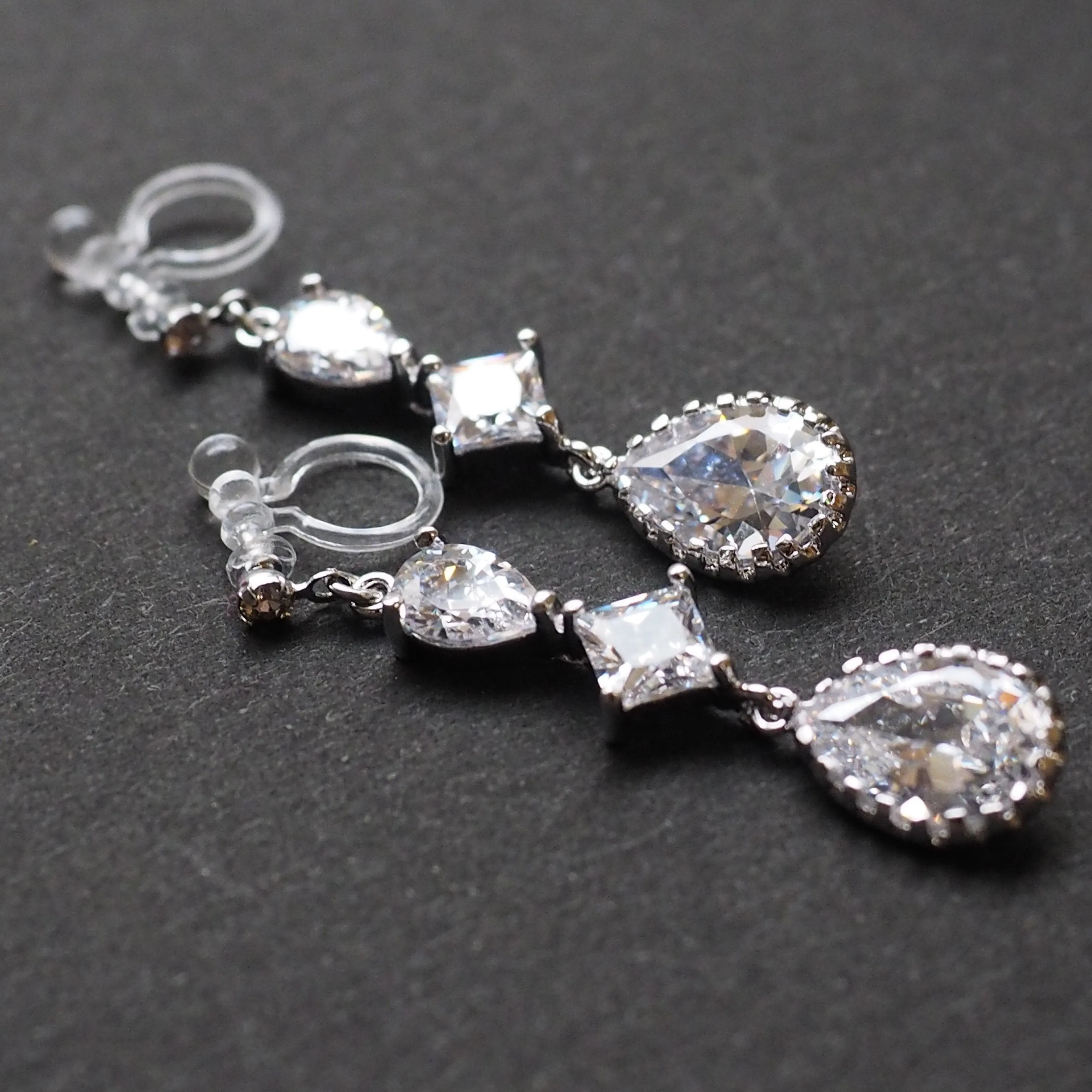 Bridal drop cubic zirconia invisible clip on earrrings ( Silver tone)