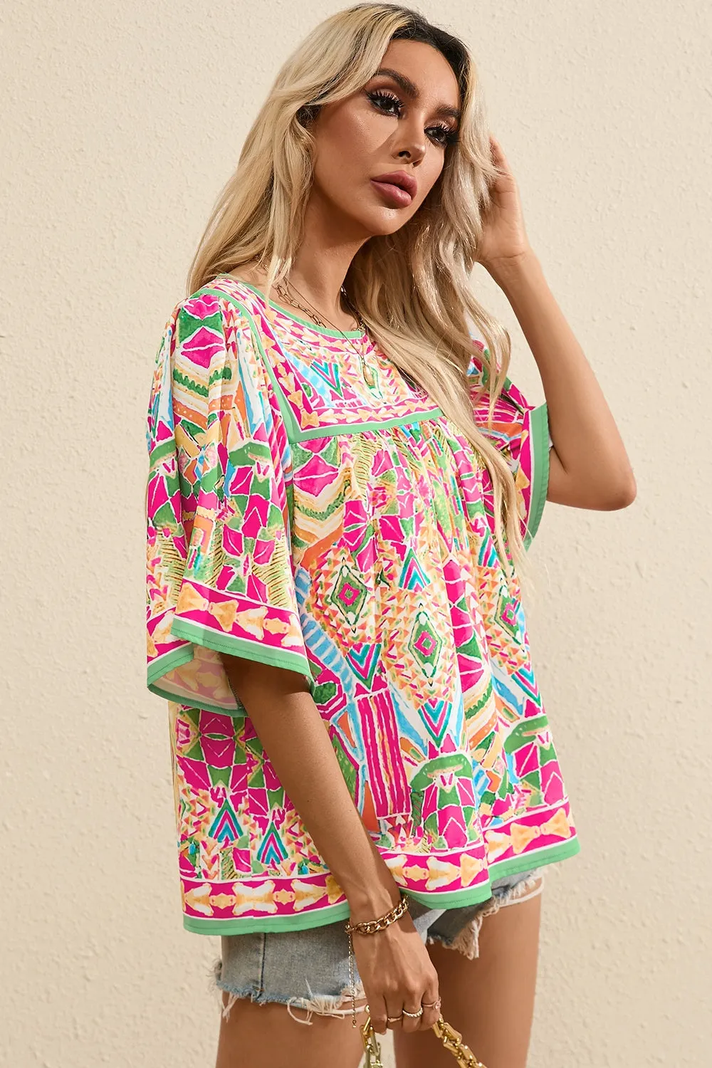 Bright Geometric Half Sleeve Blouse in Spring Colors