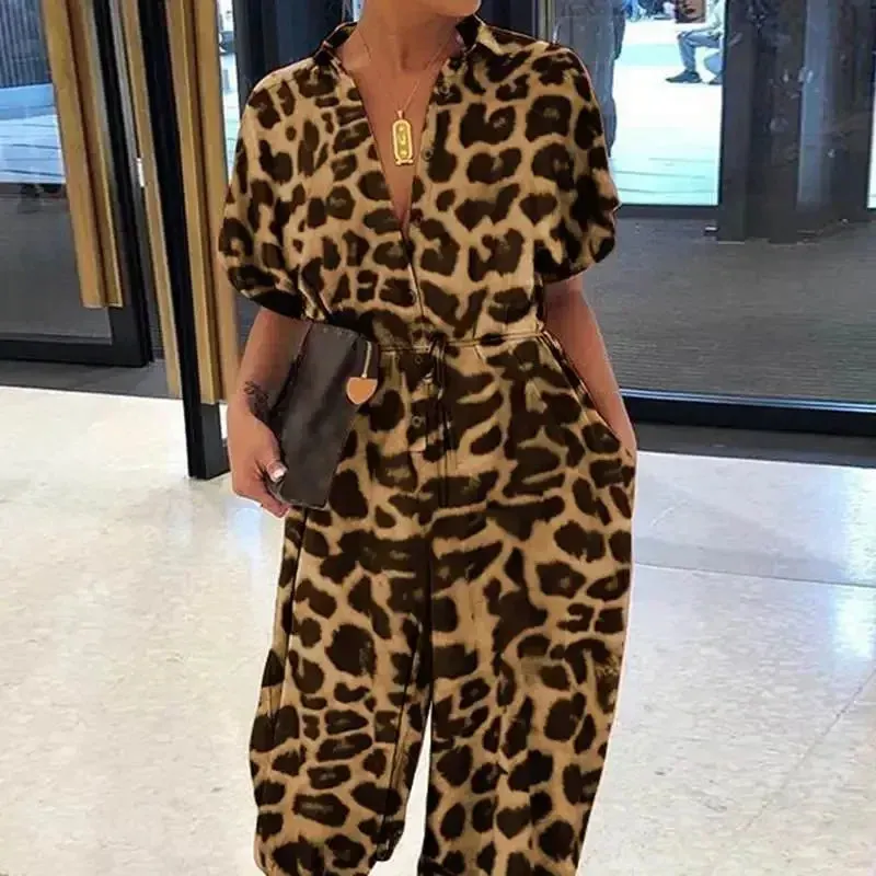 Button Lace-Up Leopard Romper
