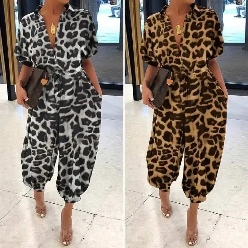 Button Lace-Up Leopard Romper