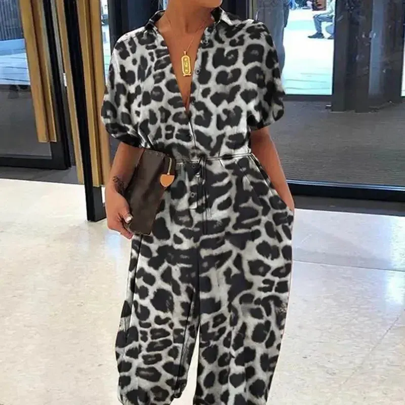 Button Lace-Up Leopard Romper