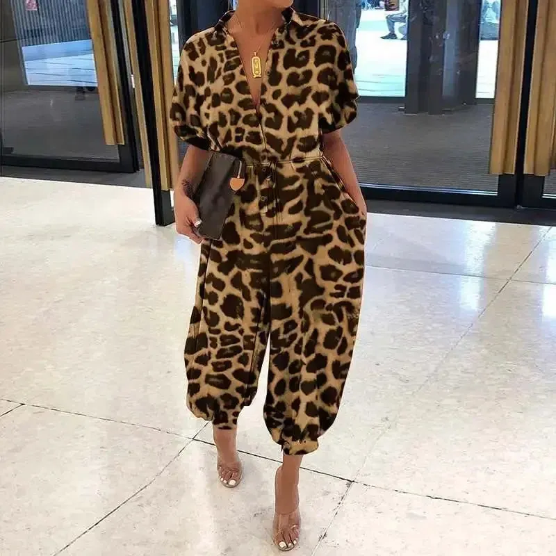 Button Lace-Up Leopard Romper