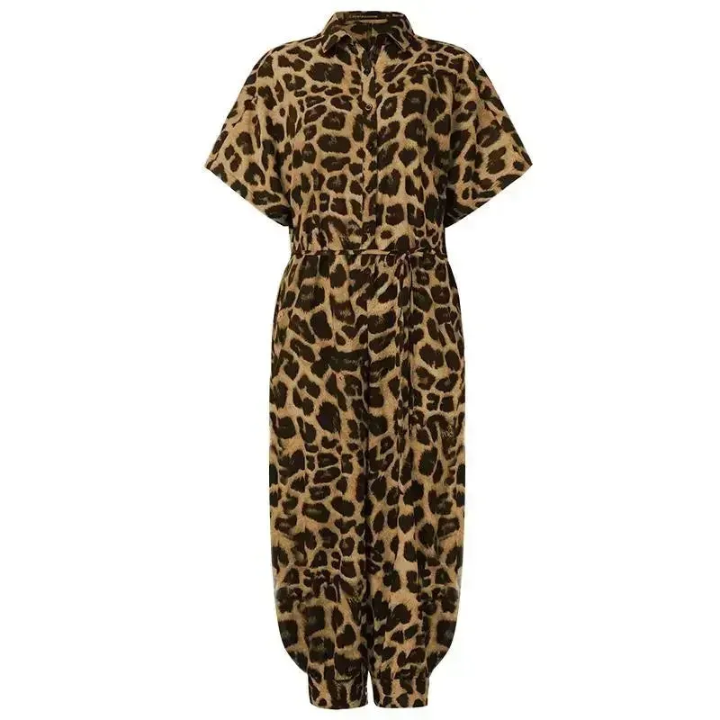 Button Lace-Up Leopard Romper