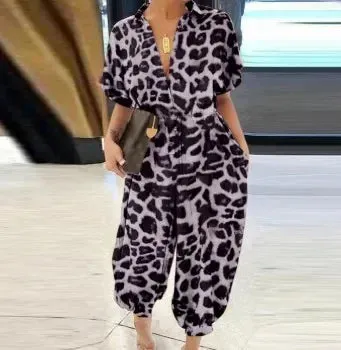 Button Lace-Up Leopard Romper