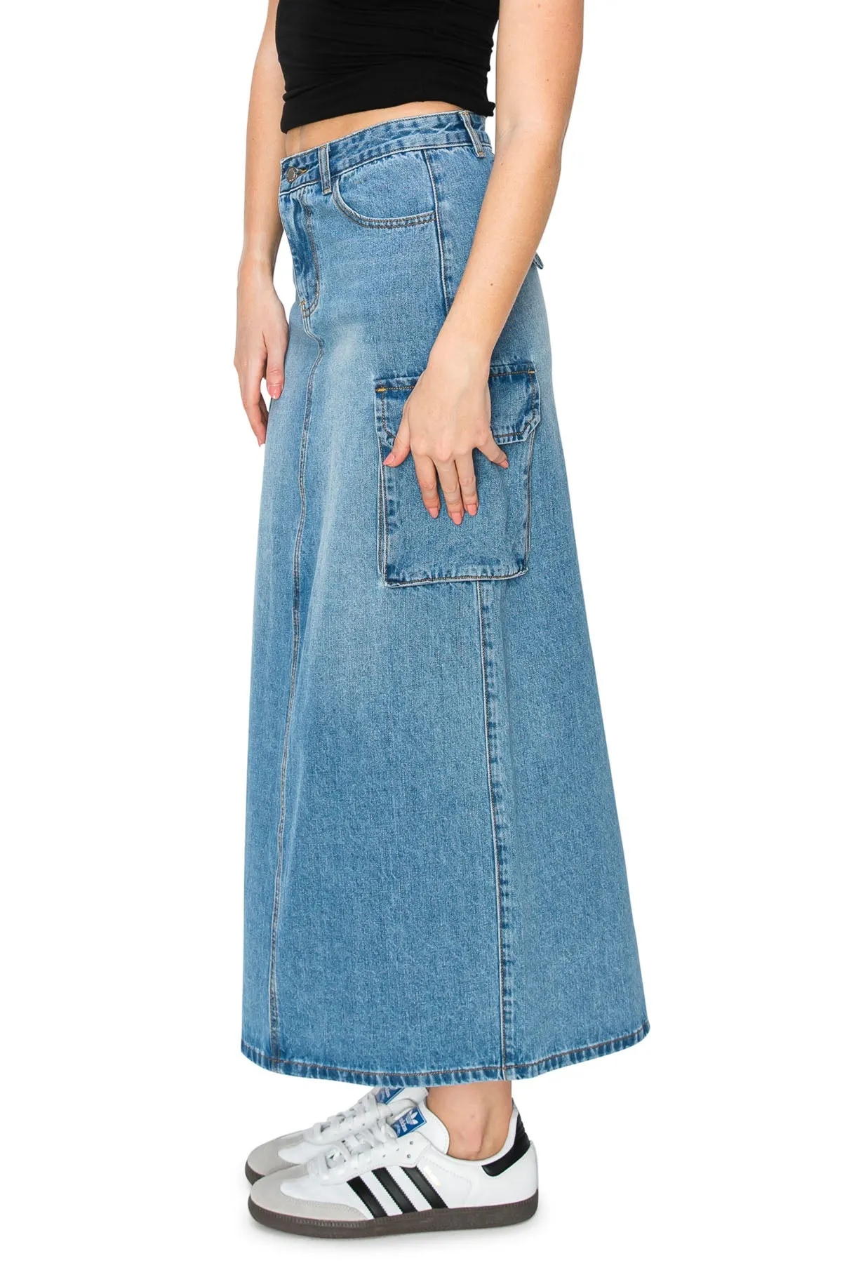 Cargo Maxi Denim Skirt - Medium Wash