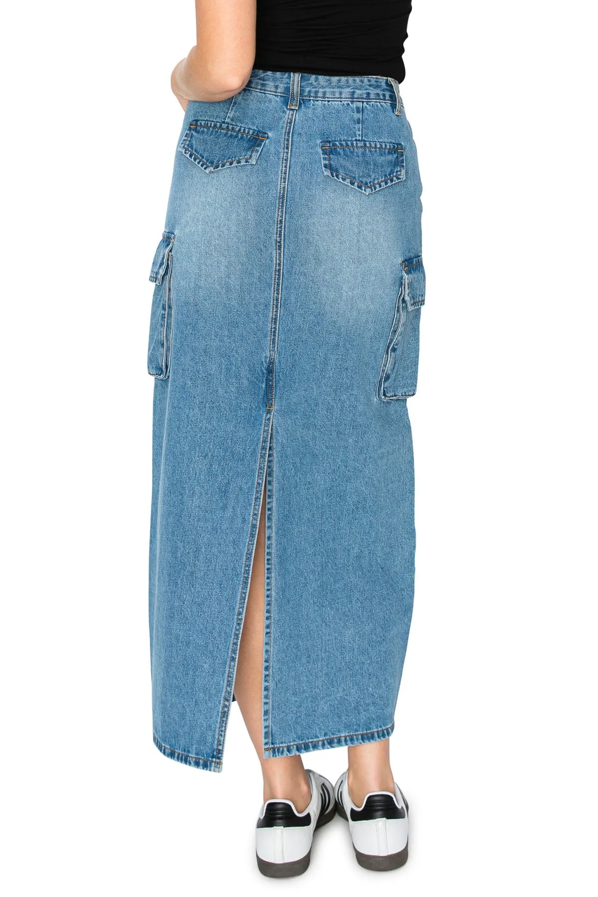 Cargo Maxi Denim Skirt - Medium Wash
