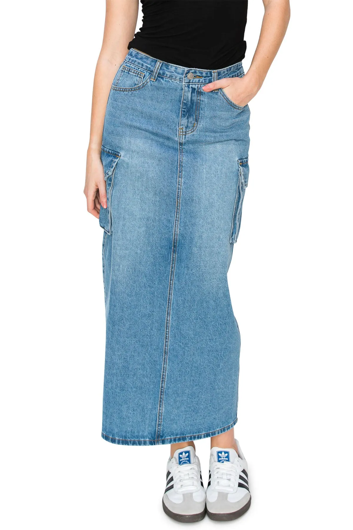 Cargo Maxi Denim Skirt - Medium Wash