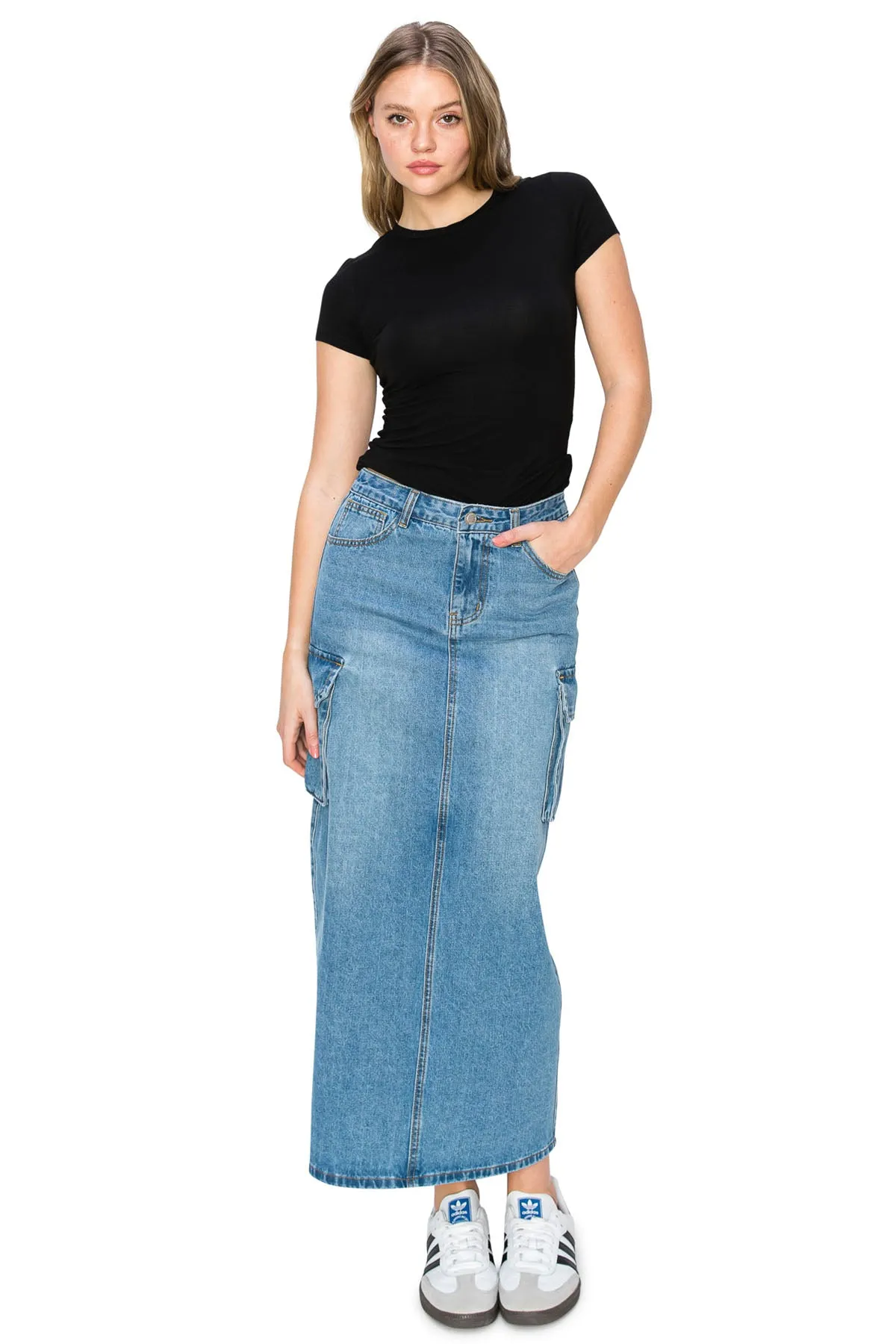 Cargo Maxi Denim Skirt - Medium Wash