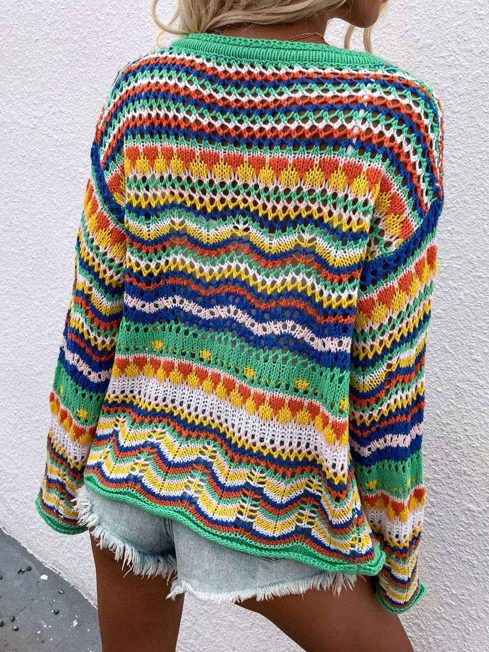 Chevron Stripes Openwork Cardigan