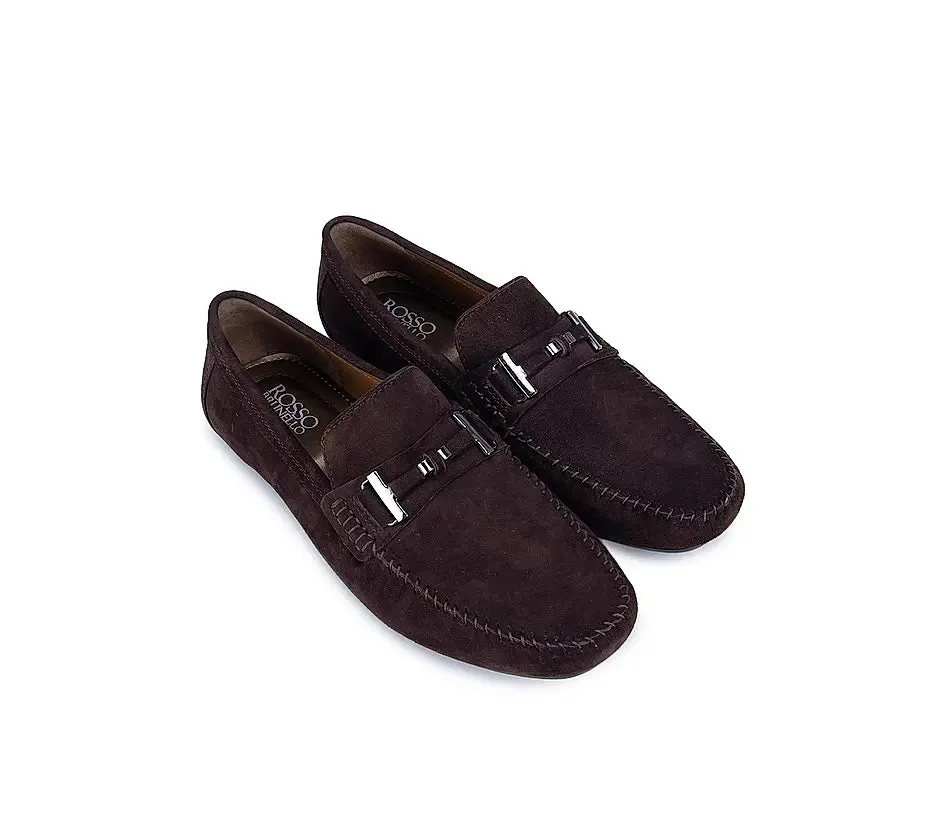 Coffee Suede Moccasins With Metal Buckle
