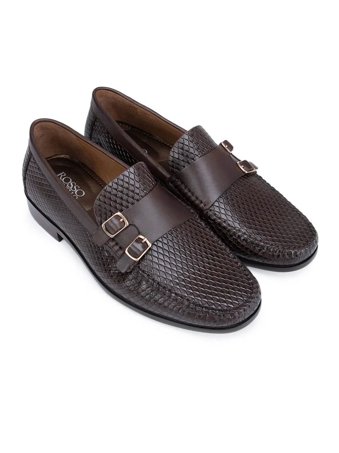 Coffee Textured Double Monk Strap Style Moccasins