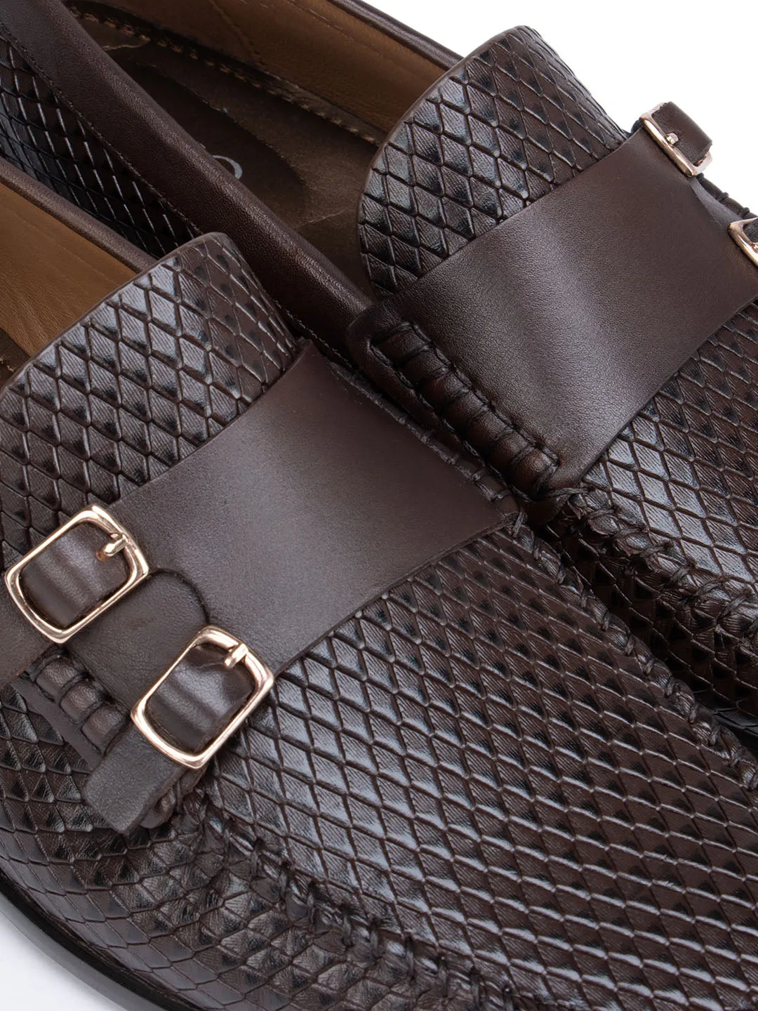Coffee Textured Double Monk Strap Style Moccasins
