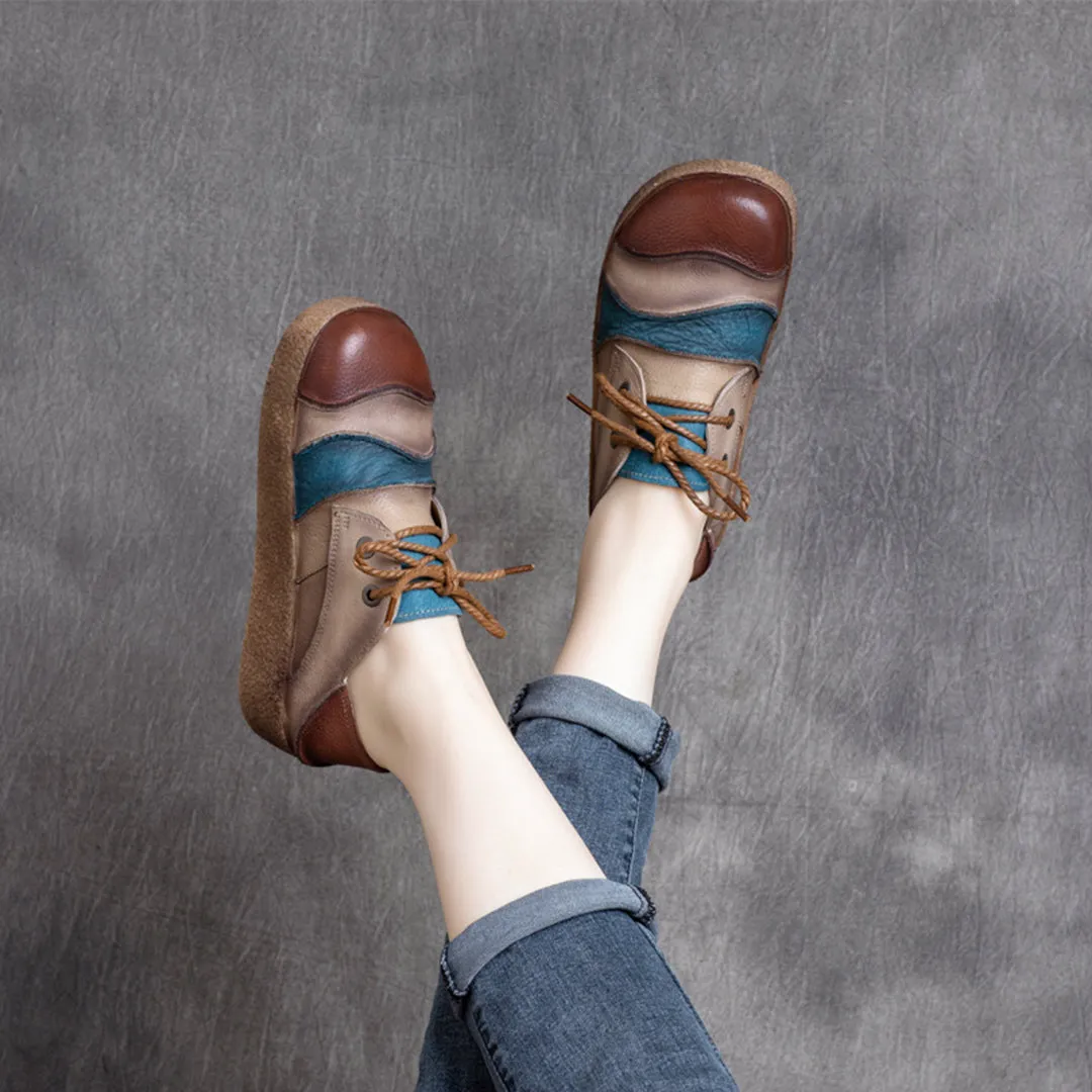 Color Block Retro Soft Leather Shoes