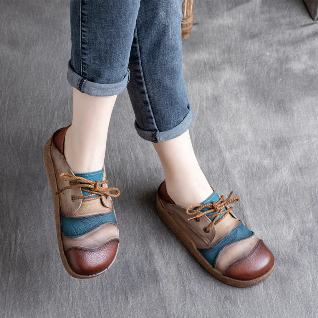 Color Block Retro Soft Leather Shoes