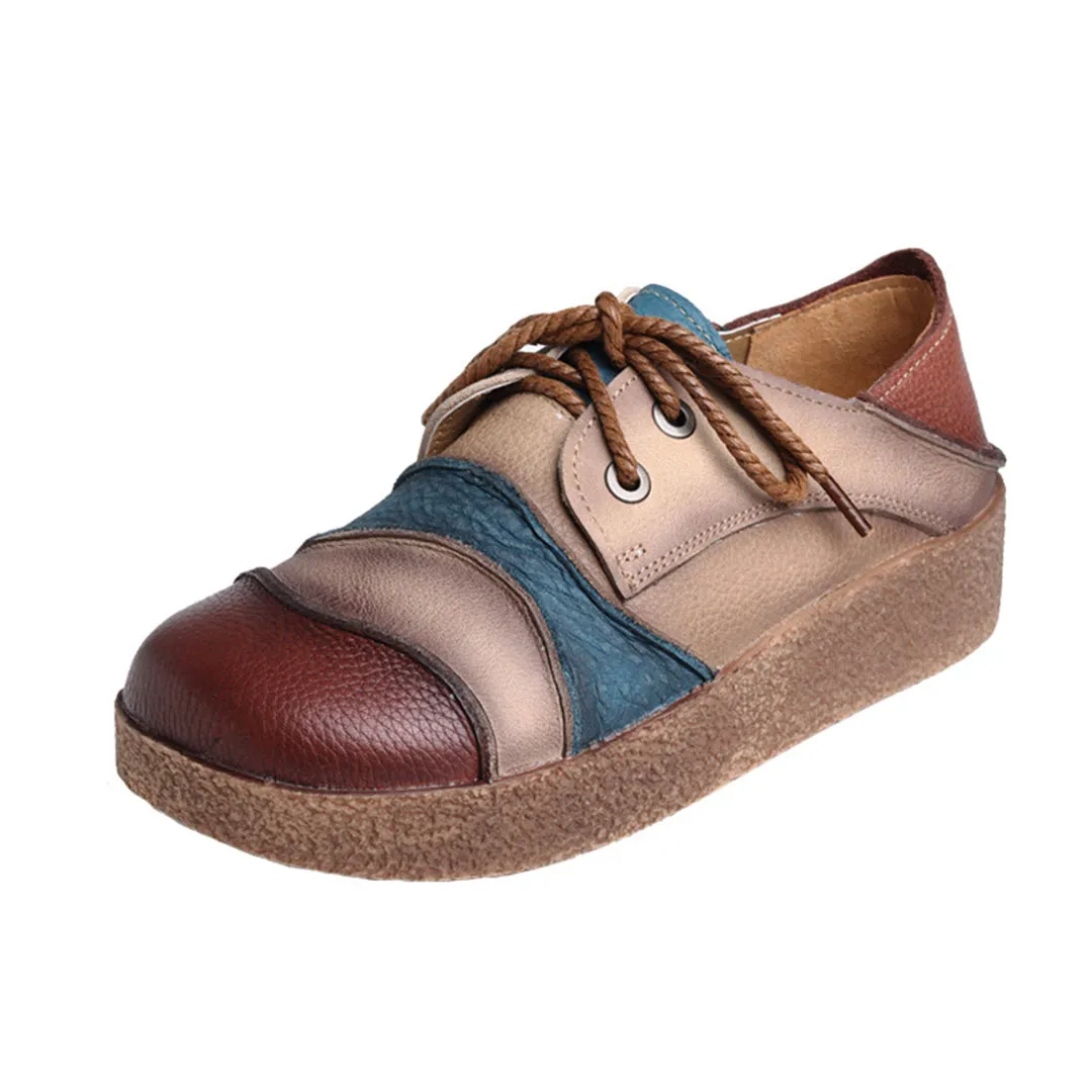 Color Block Retro Soft Leather Shoes