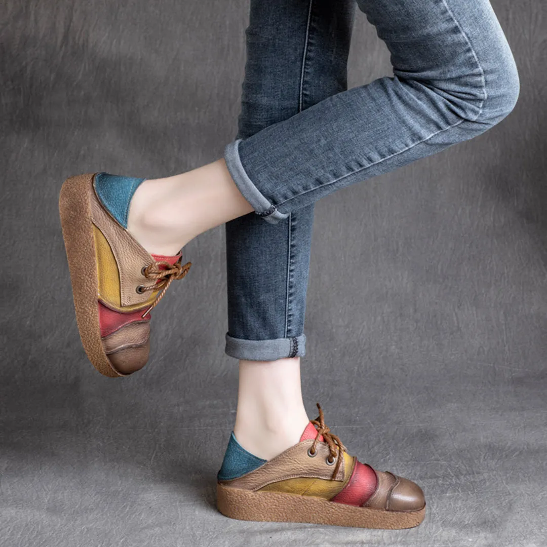 Color Block Retro Soft Leather Shoes