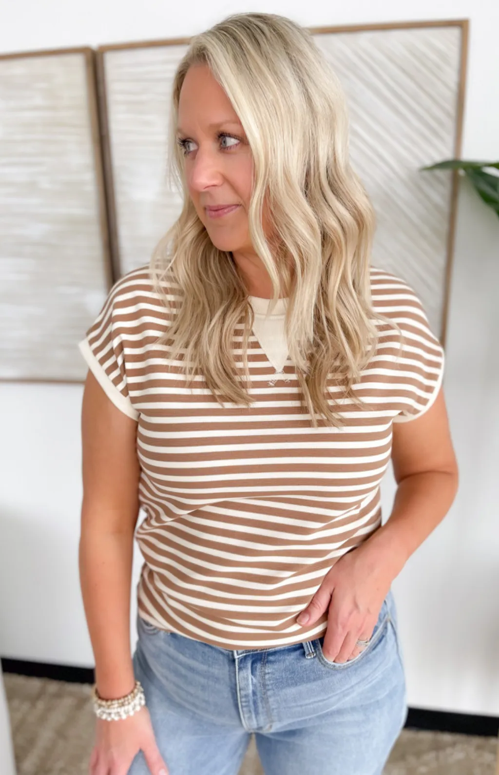 Crew Neck Textured Striped Short Sleeve Top
