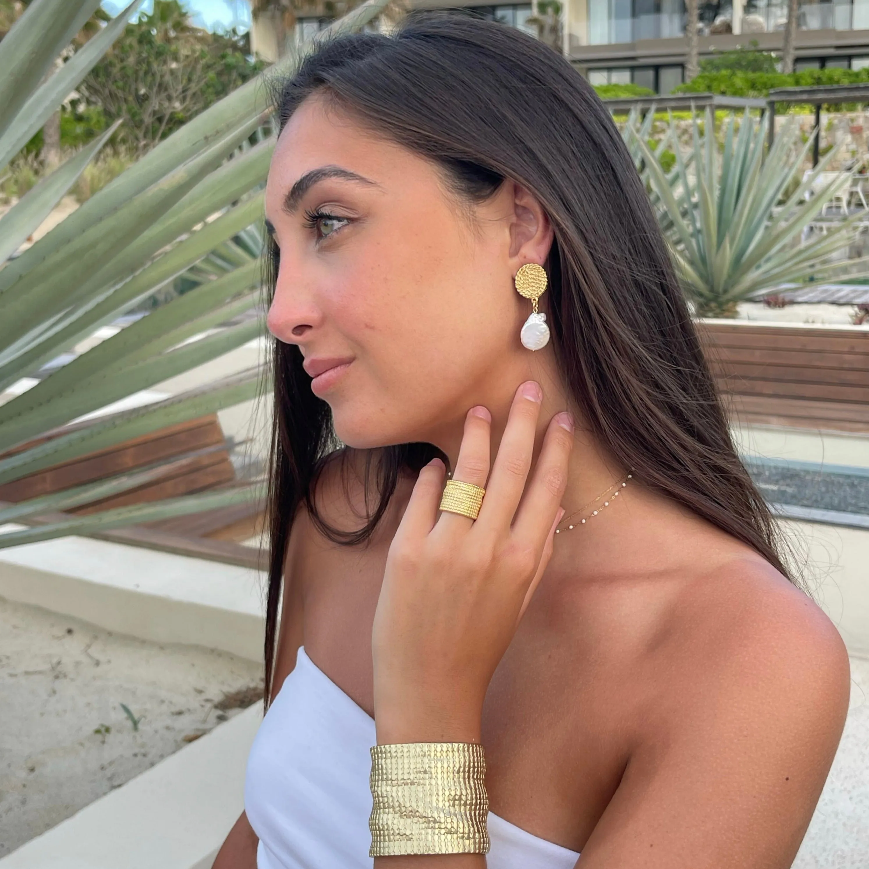 Cuban Disc X Pearl Clip Earrings
