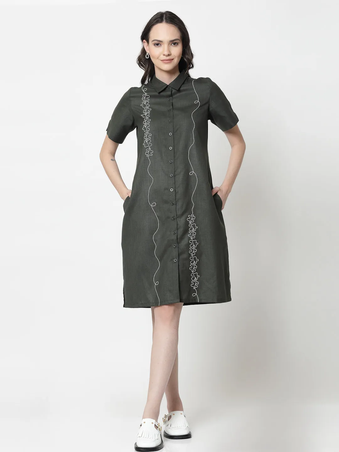 Dark Green Long Tunic With Puzzle Embroidery