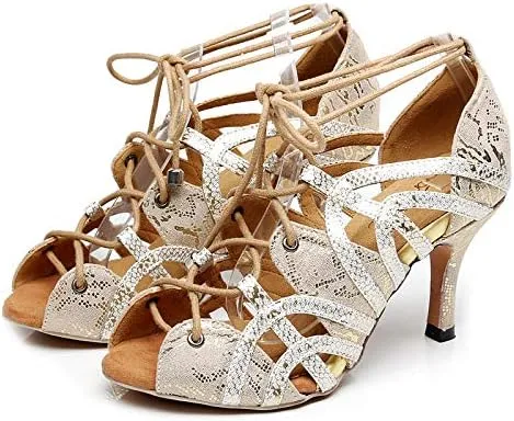 DKZSYIM Women's Latin Dance shoes Comfortable Salsa Performance practise Wedding Dance Sandals,Model QJW5017
