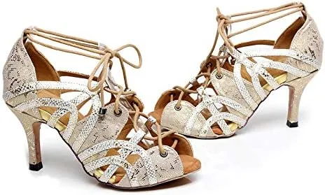 DKZSYIM Women's Latin Dance shoes Comfortable Salsa Performance practise Wedding Dance Sandals,Model QJW5017