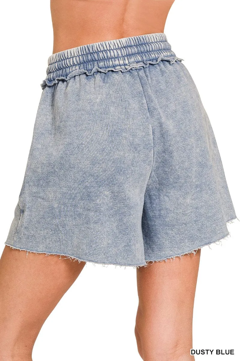 Dusty Blue Acid Wash Fleece Drawstring Shorts