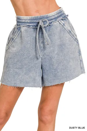 Dusty Blue Acid Wash Fleece Drawstring Shorts
