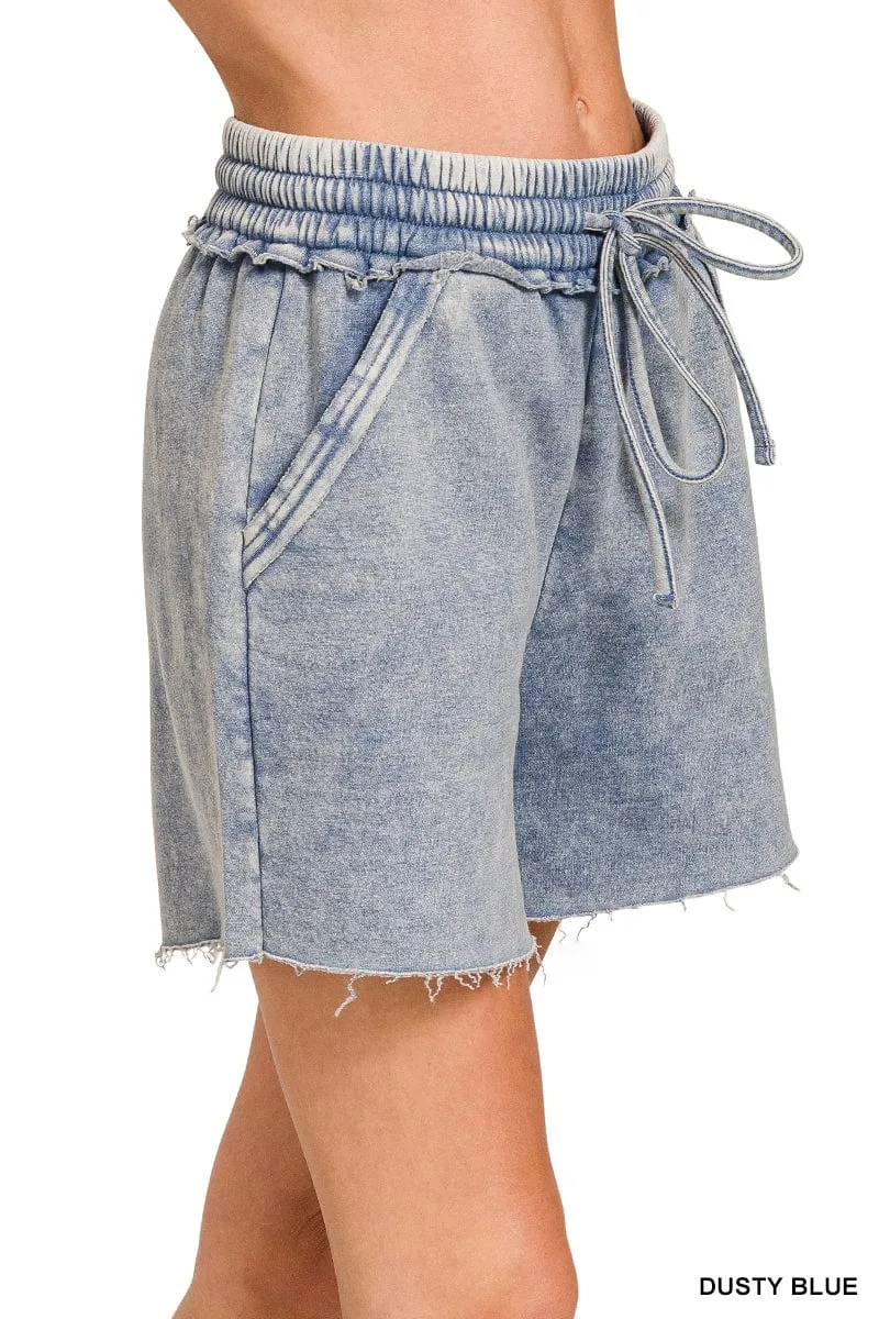 Dusty Blue Acid Wash Fleece Drawstring Shorts