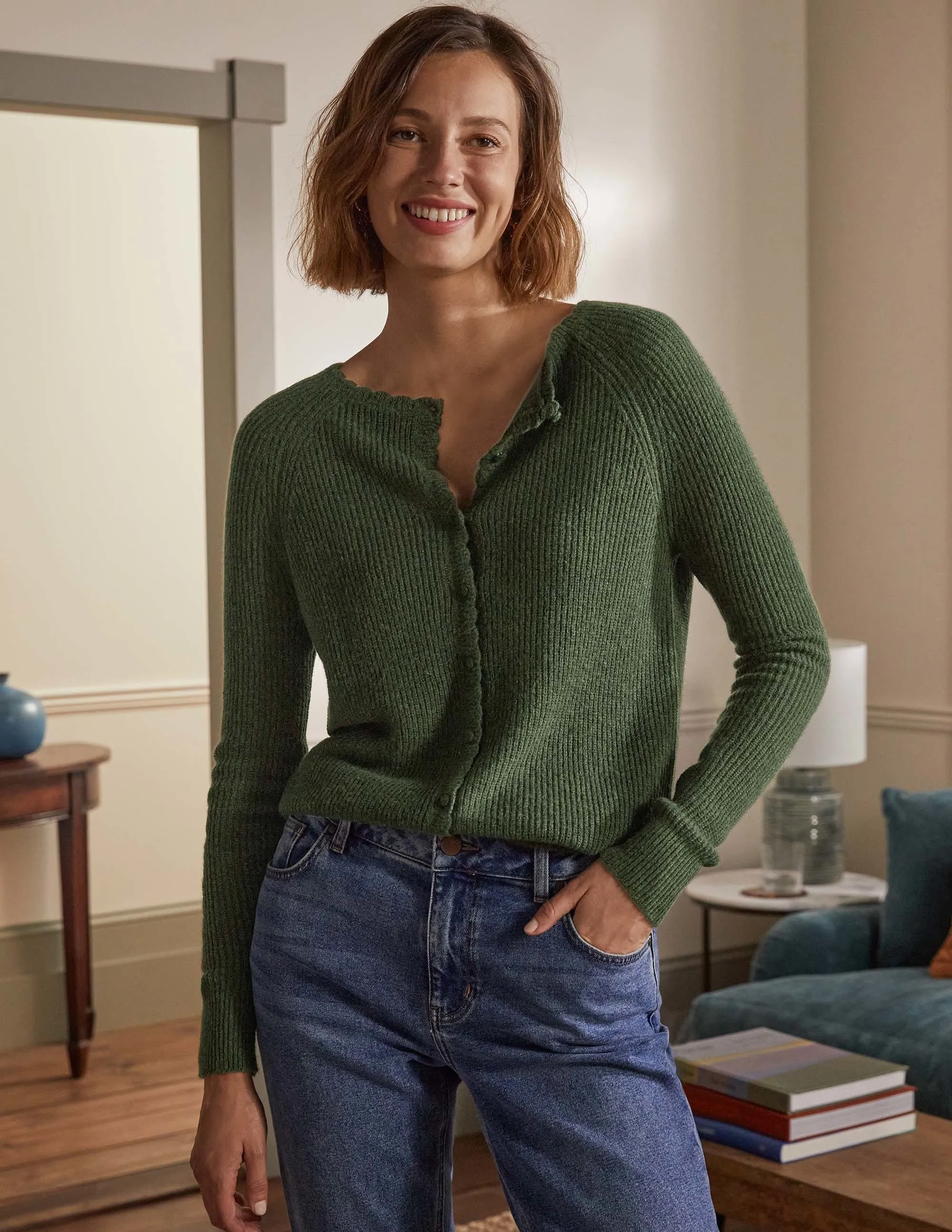 Ella Scallop Fluffy Cardigan-Classic Khaki