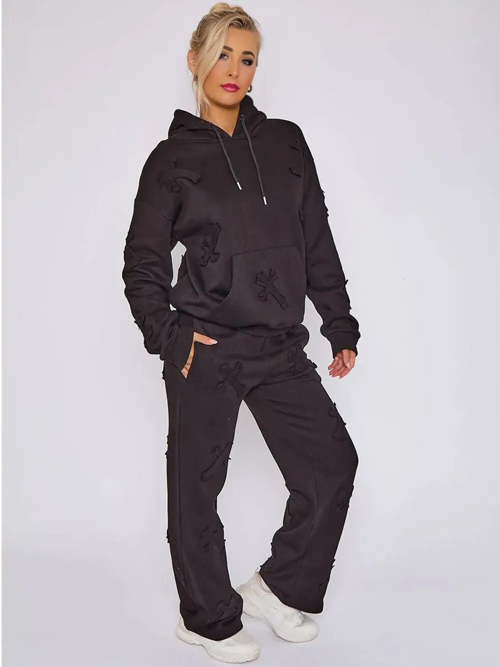 Embroidered Cross 2 Piece  Hooded Tracksuit Set