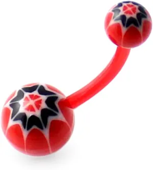 Fancy Multi Flower UV Ball Flexible Navel Ring. 14G Flexible Banana and 5/8mm UV Ball Belly Ring