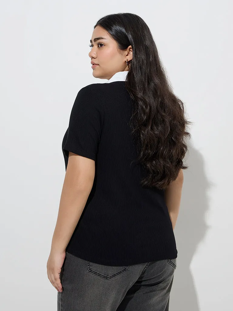 Gia Black Ribbed-Textured Collared T-Shirt