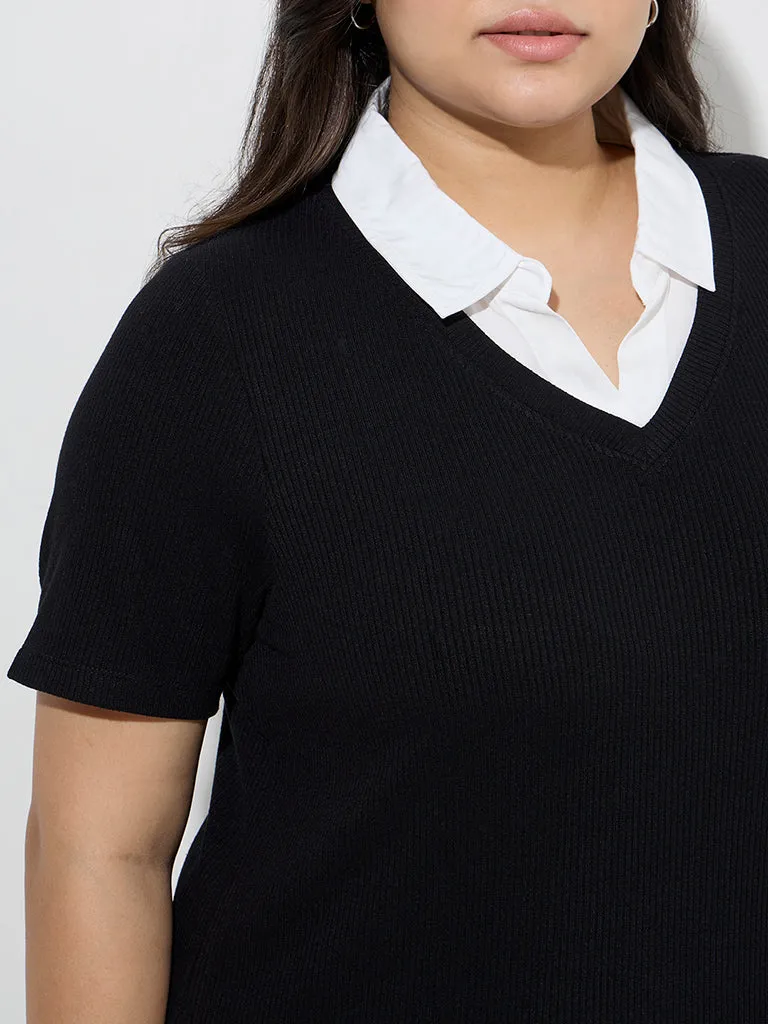 Gia Black Ribbed-Textured Collared T-Shirt
