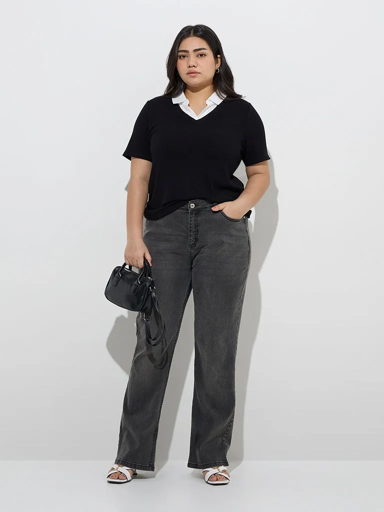 Gia Black Ribbed-Textured Collared T-Shirt