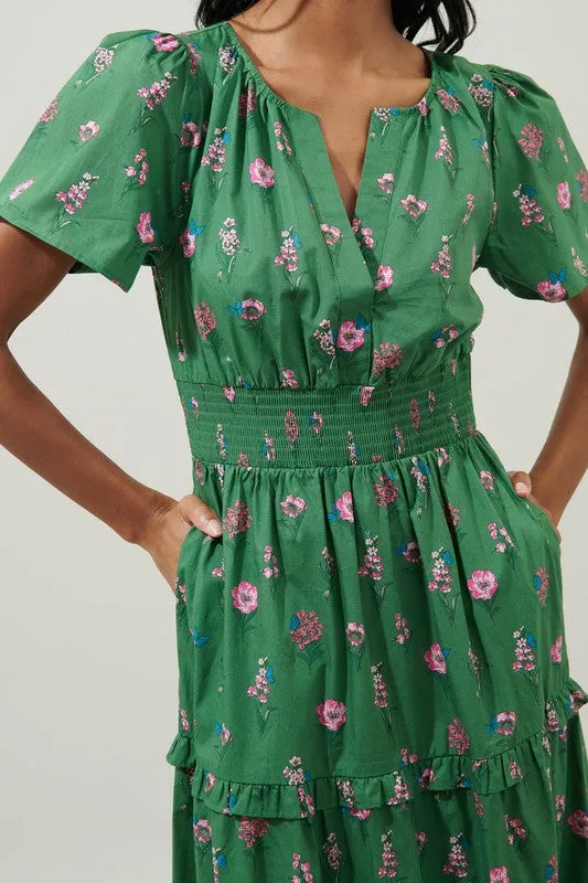 Green W/ Flowers Poplin Tiered Maxi Dress