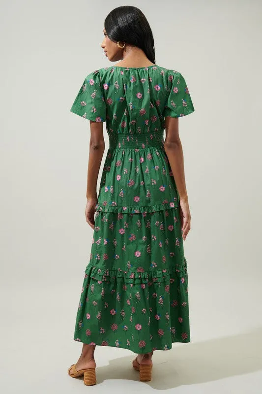 Green W/ Flowers Poplin Tiered Maxi Dress